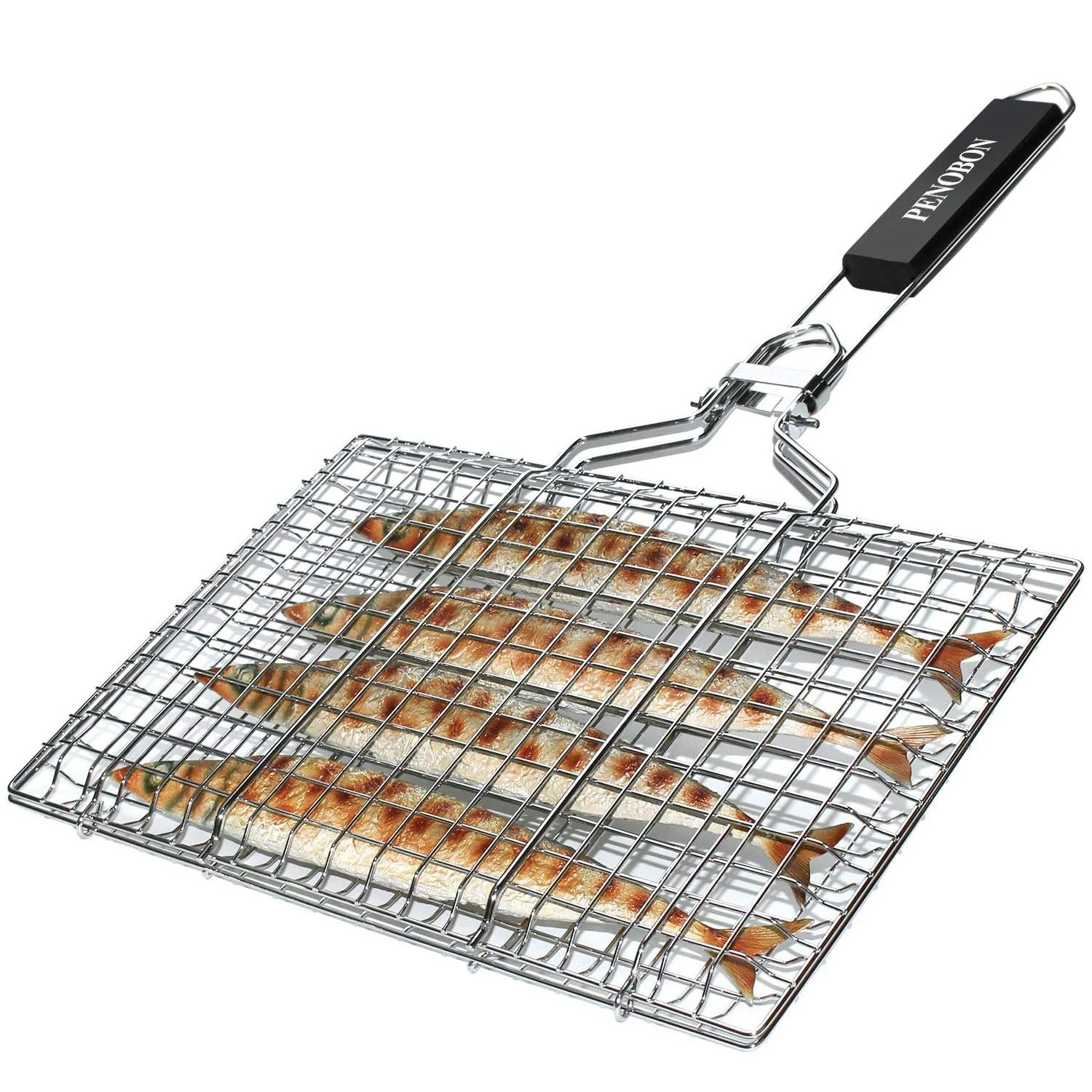 Fish Grilling Basket, Folding Portable Stainless Steel BBQ Grill Basket for Fish Vegetables Shrimp with Removable Handle