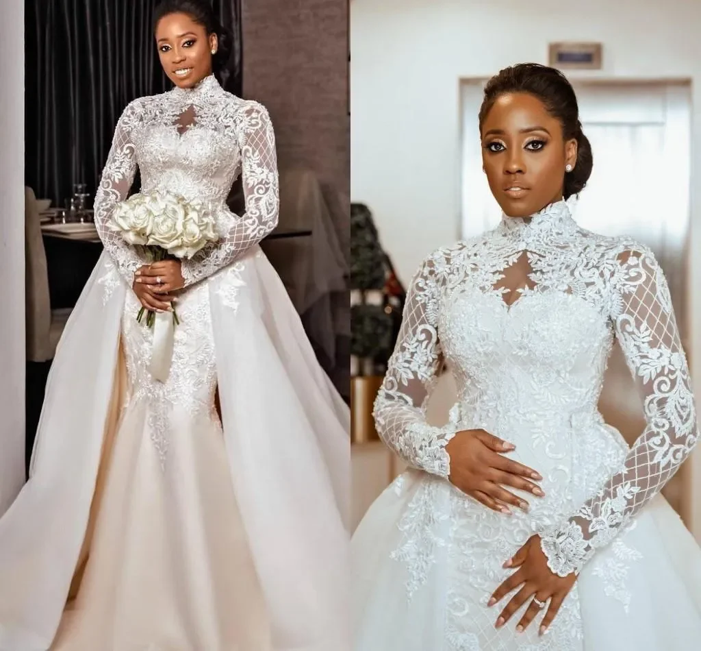 

Sexy Mermaid Wedding Dresses High Neck Illusion Lace Appliques Tulle Long Sleeves Detachable Train Overskirts Formal Plus Size
