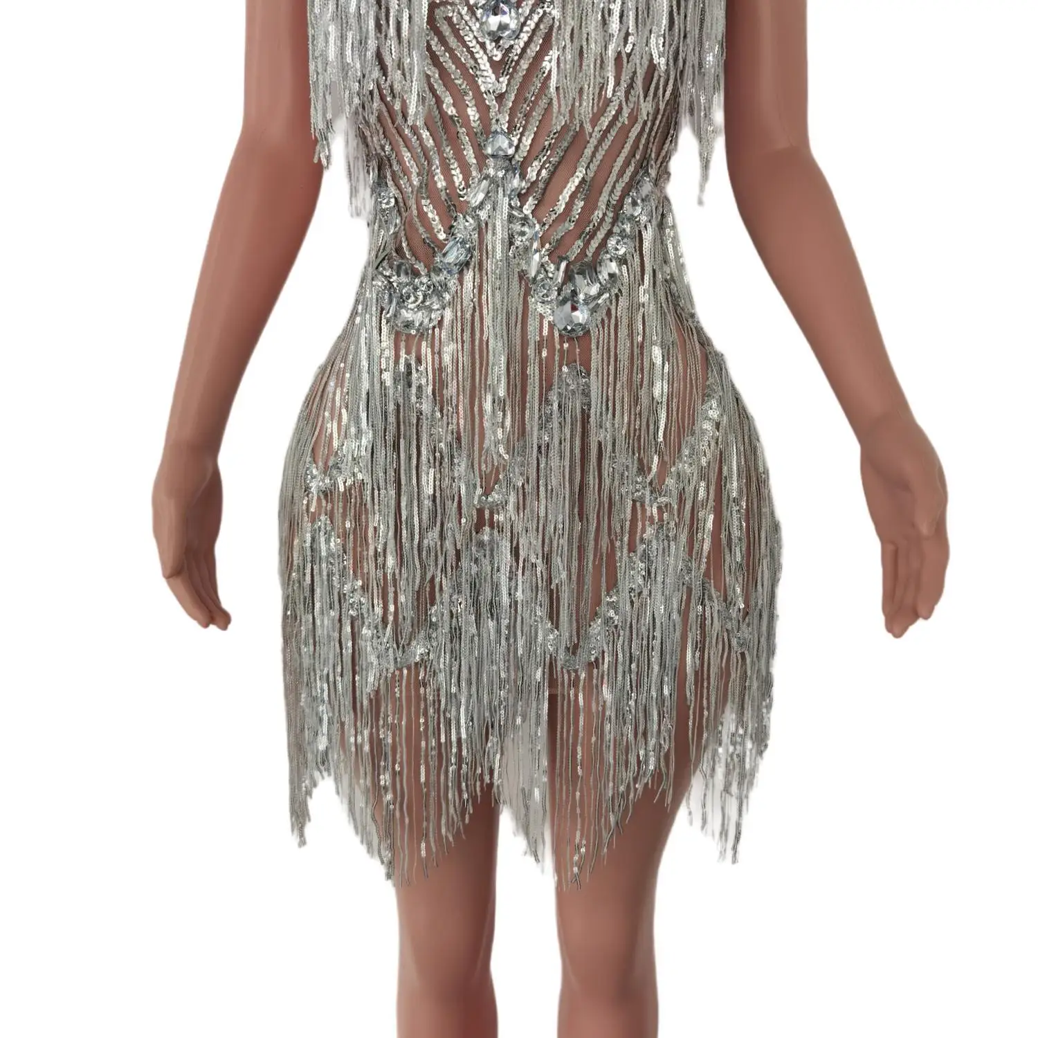 Vestido plateado brillante con flecos de diamantes de imitación