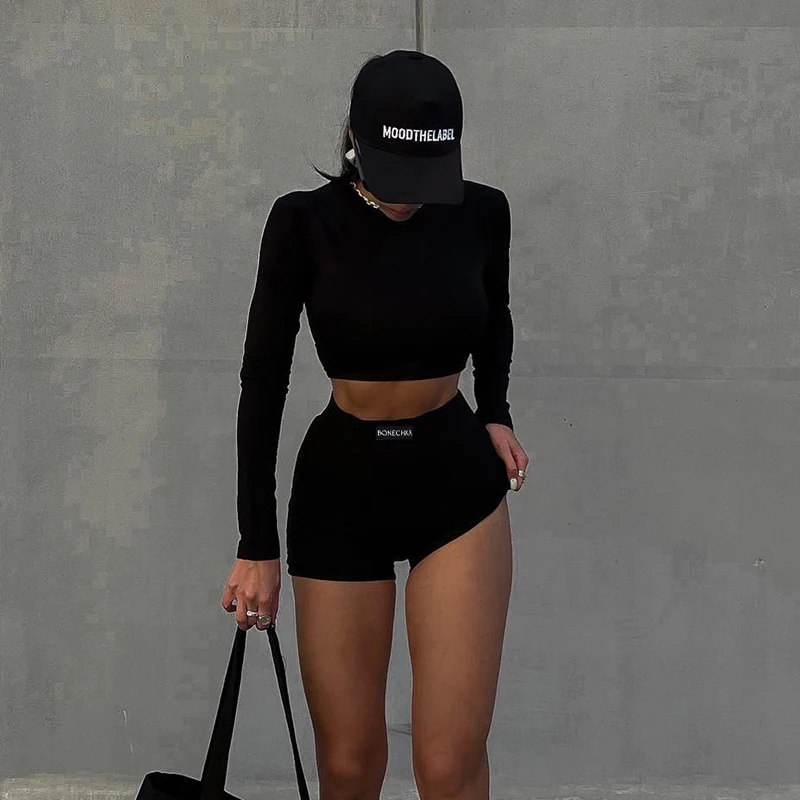 InsLucky Sports Long Sleeve Crop Top Matching Letter Print High Waist Shorts Two Piece Set Casual Skinny Suit Women Sexy Fashion