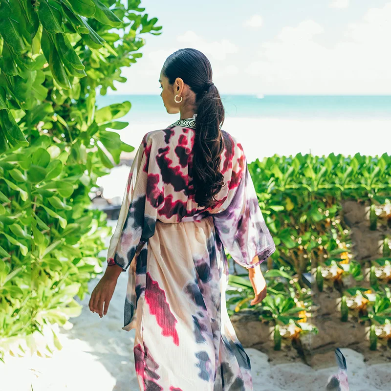 Long Beach Robe Women Bikini Cover Up Plage 2023 Summer 3/4 Sleeve Vestido Plus Loose Warp Colourfull Print Swimwear Cardigan