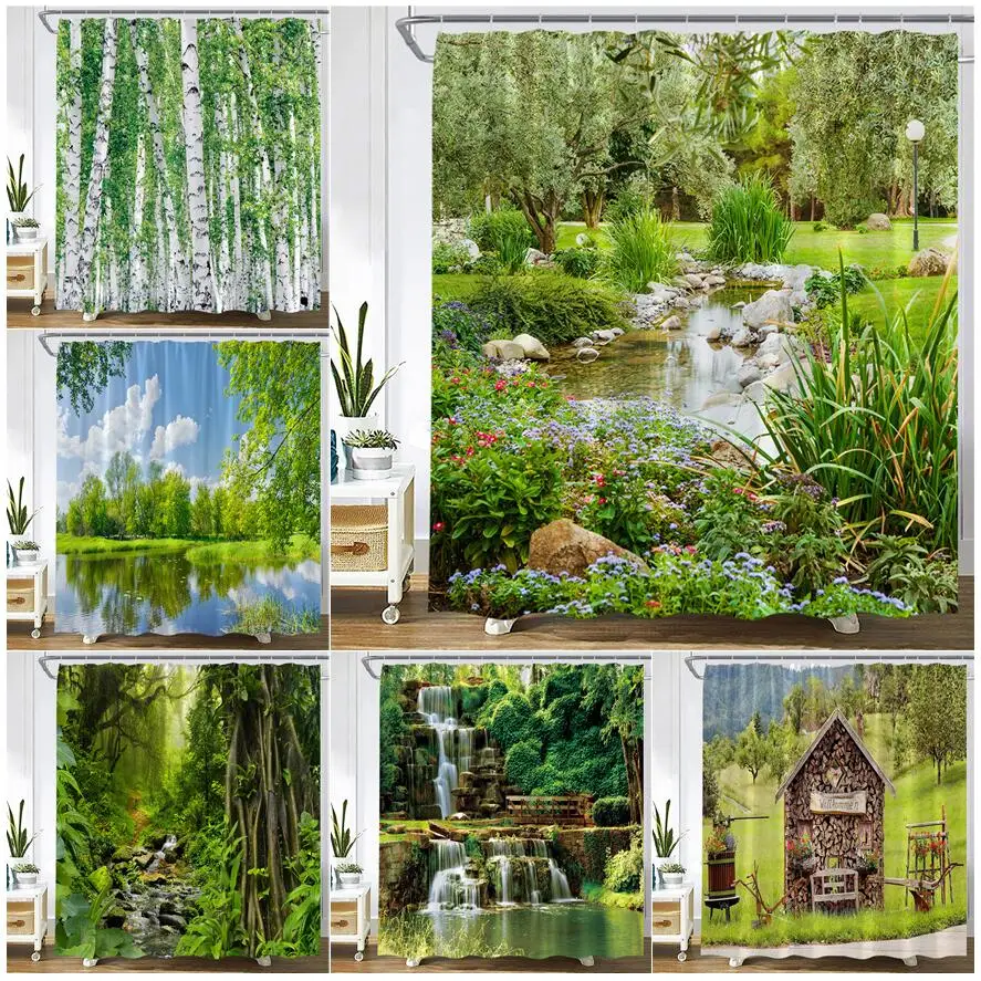 

Forest Garden Landscape Shower Curtain Flower Plant Tropical Trees Waterfall Nature Scenery Wall Hanging Bathroom Decor Curtains