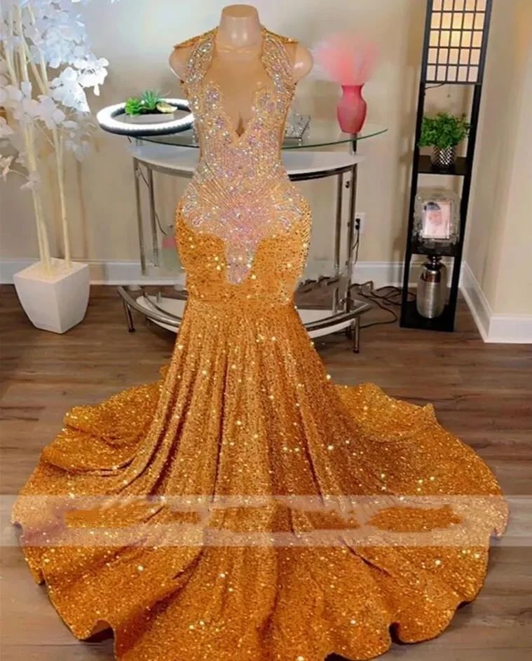 

Sparkly Gold Sequined Mermaid Prom Dresses 2024 For Black Girls Sheer Crew Neck Beaded Formal Party Dress Luxury Evening Gowns