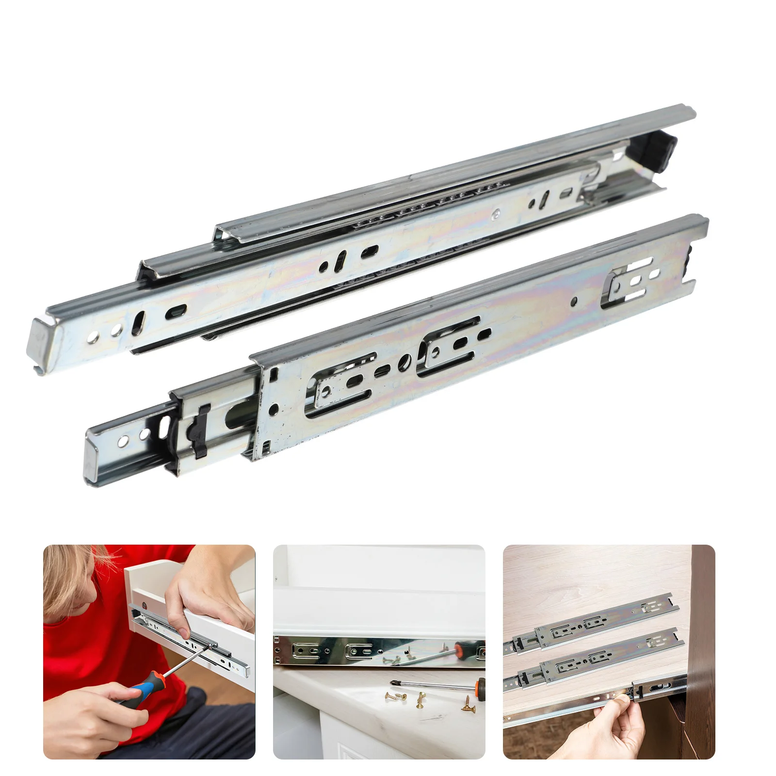 2 Pcs Cold Rolled Steel Drawer Slides Full Extension Cabinet Tracks Undermount Rails Hardware Storage Guides Side Mount Slides