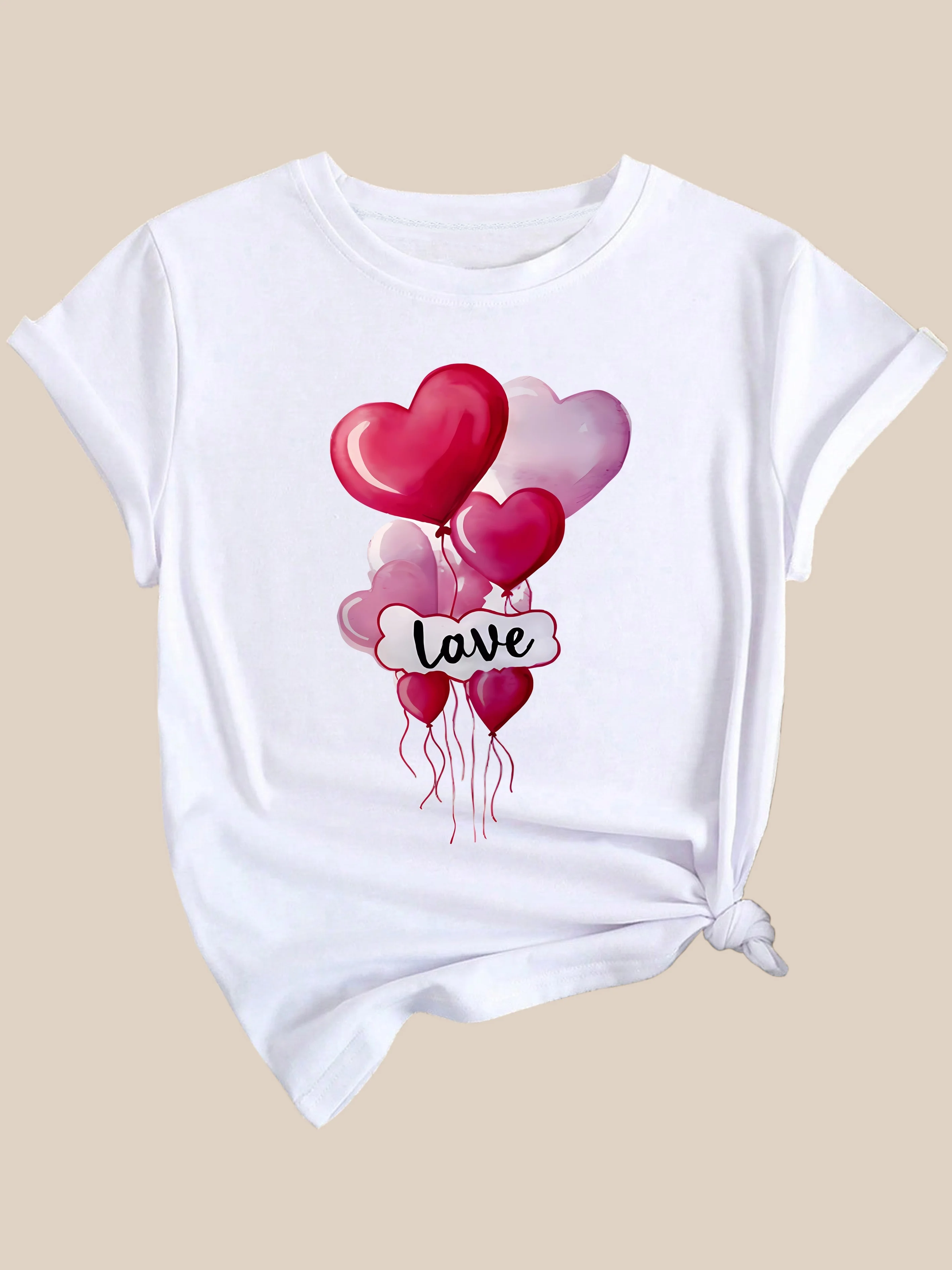 

Valentine's Day Love Balloon Graphic Casual T-Shirt, Round Neck Short Sleeves Comfy Sports Top, Women's Sporty Clothing