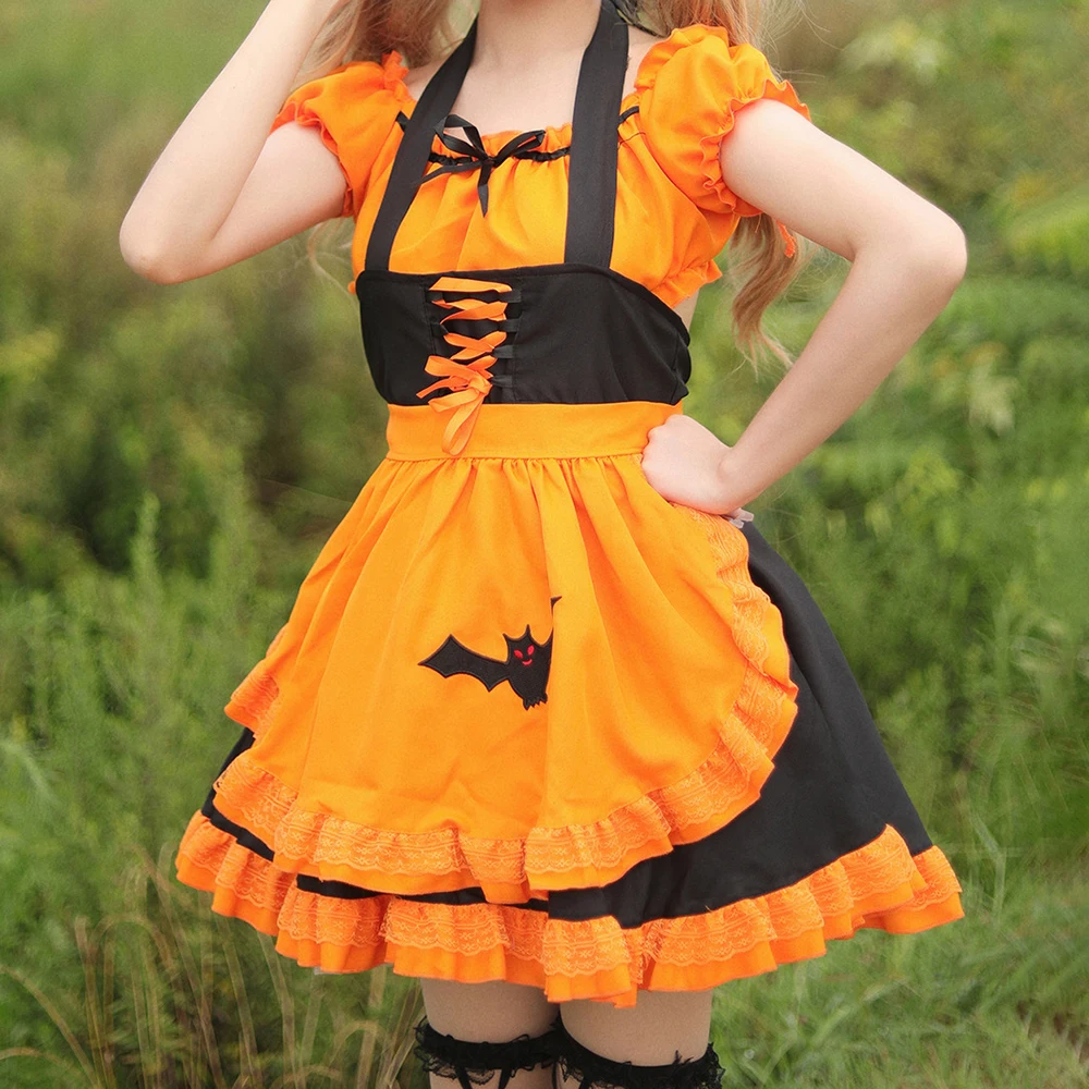 

Halloween Witch Cosplay Set Embroidered Ruffle Lolita Short Sleeve Dress Bat Print Pumpkin Vampire Enchanted Witch Maid Skirt