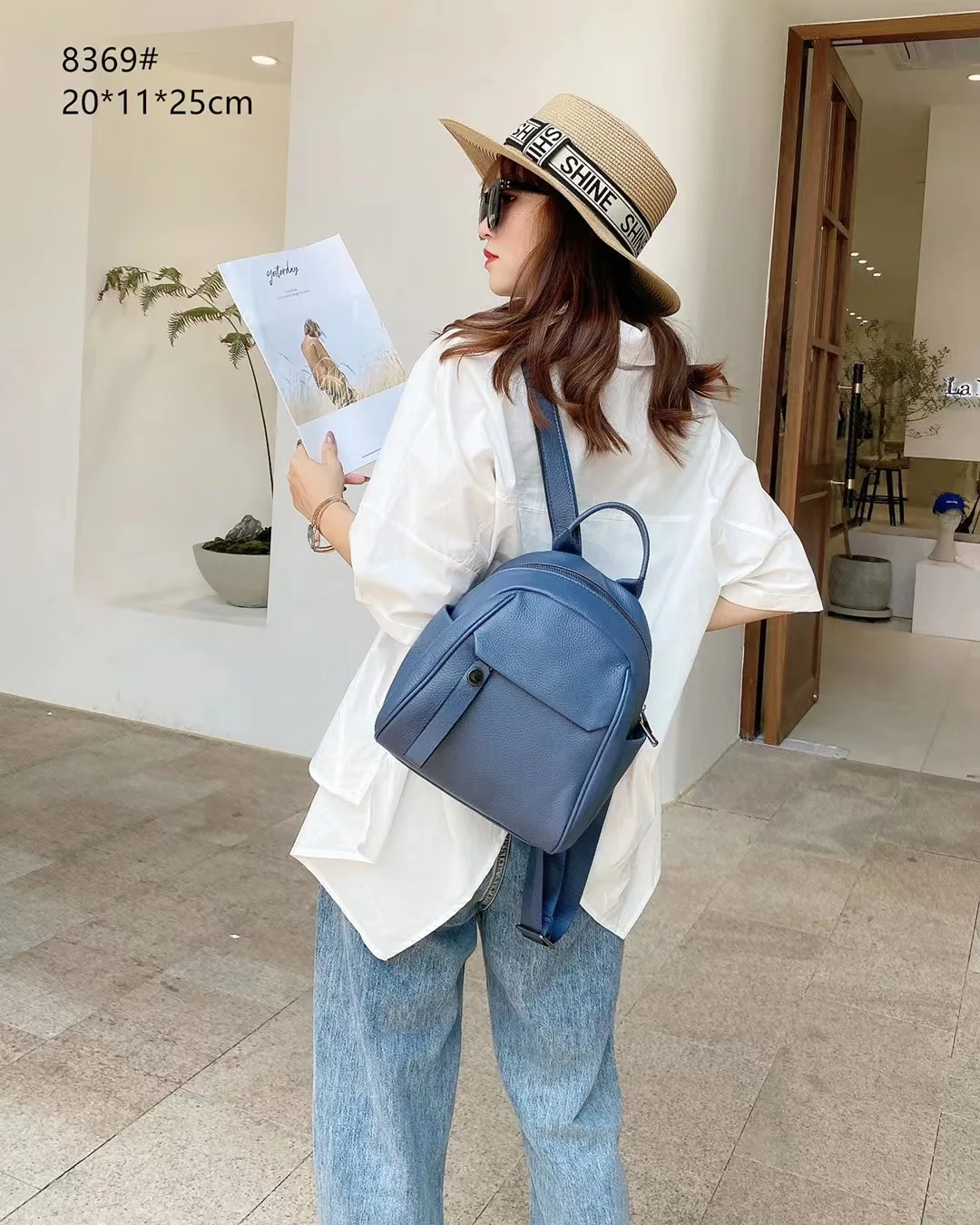 New women's top layer cowhide classic Backpack Large capacity lychee print Genuine leather Knapsack
