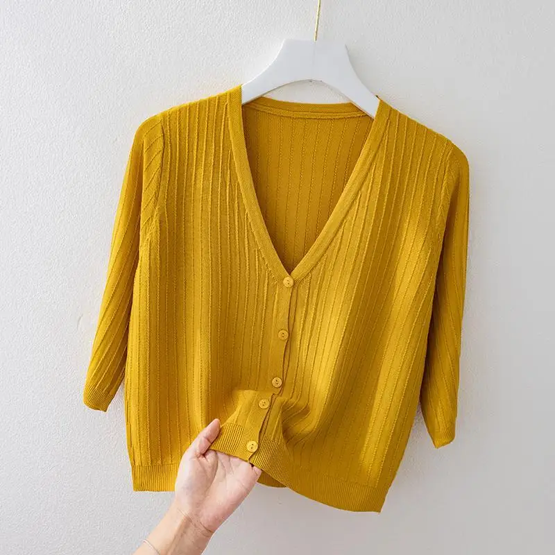 여성용 단색 니트 스웨터 코트, 반팔 V넥, 한국 캐주얼, 올매치 짧은 슬림 카디건 스웨터, 봄 여름 패션  Best5