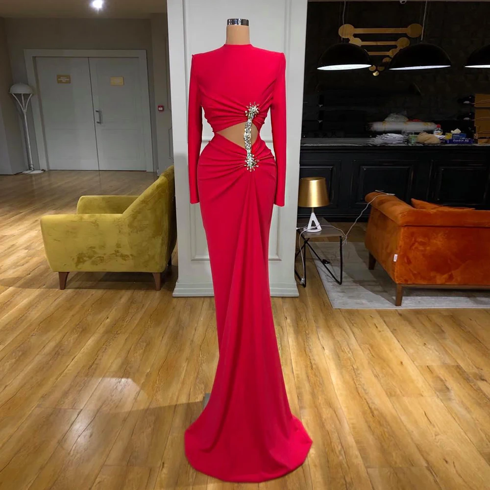 

High Neck Long Sleeves Mermaid Evening Dress Cut-out Beading Stones Sweep Train Custom Size Formal Party Gown Prom