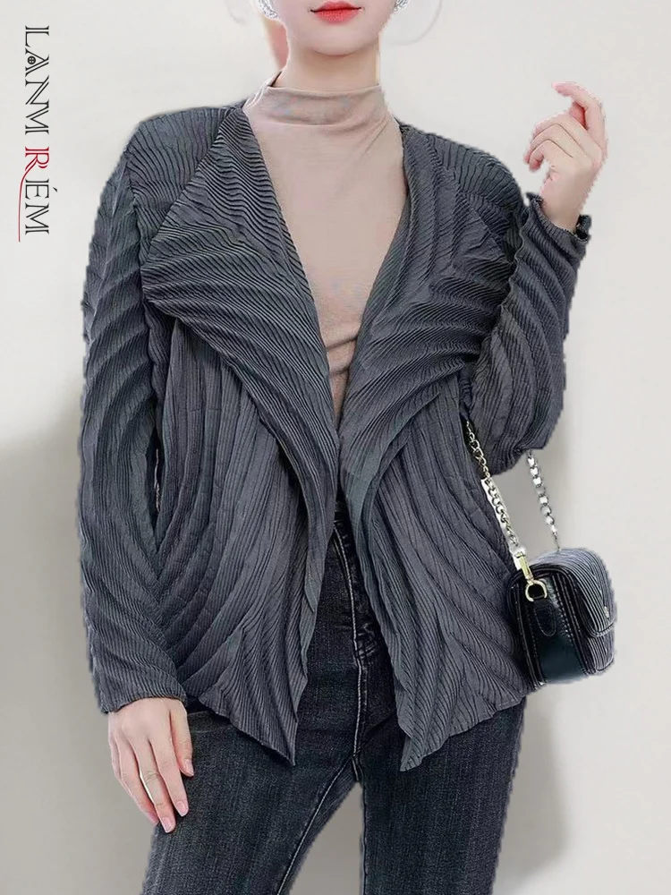 

LANMREM Casual Solid Color Pleated Coat For Women Lapel Long Sleeves Open Stitch Clothing Fashion 2023 Autumn New 2AA2268