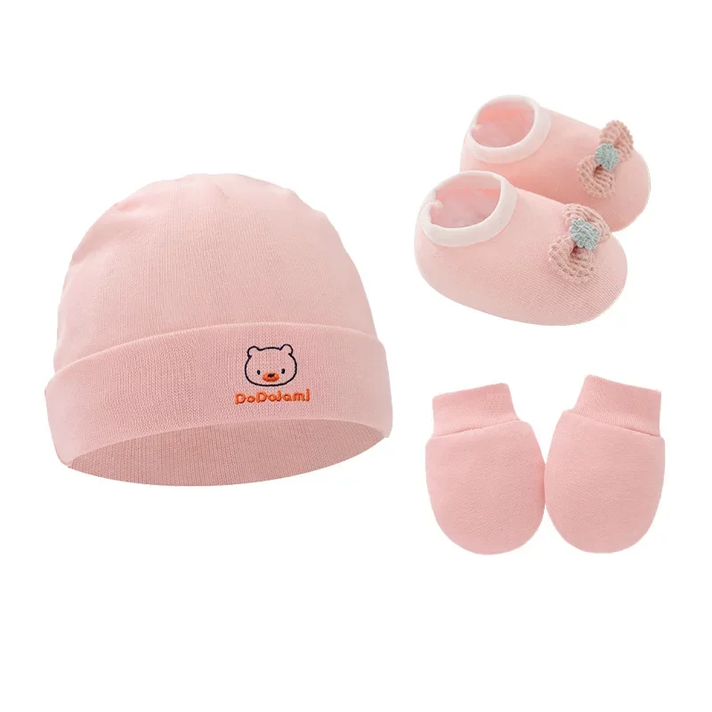 3PCS/Set Newborn Hat Gloves Shoes Solid Color Cotton Boy Girl Scratch Resistant Gloves Newborn Soft Floor Sock Cute Pullover Hat