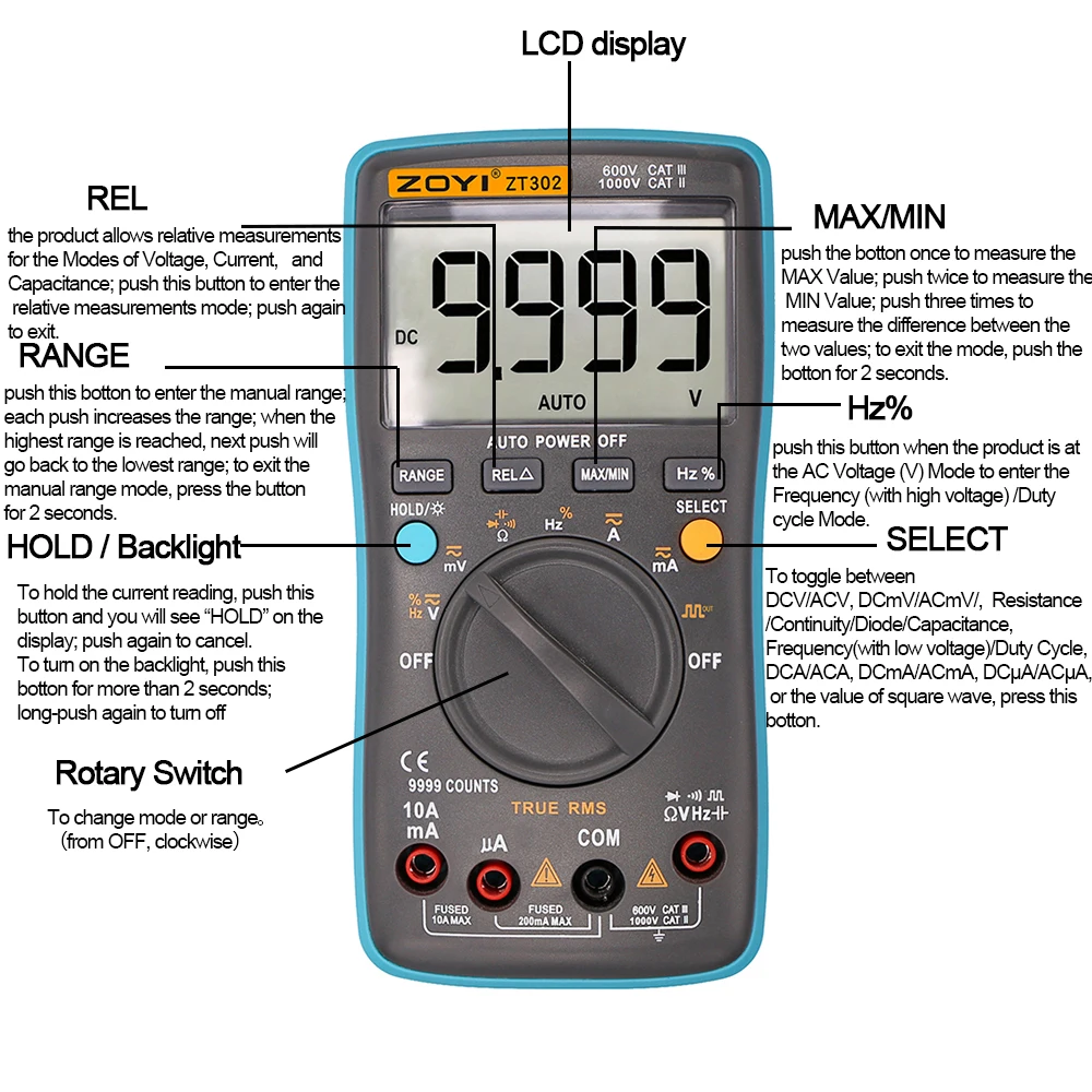 Digital Multimeter ZT 301/302/303 True RMS Auto Range Ammeter Voltmeter Smart Capacitor Temperature NCV Ohm Hz Tester 6