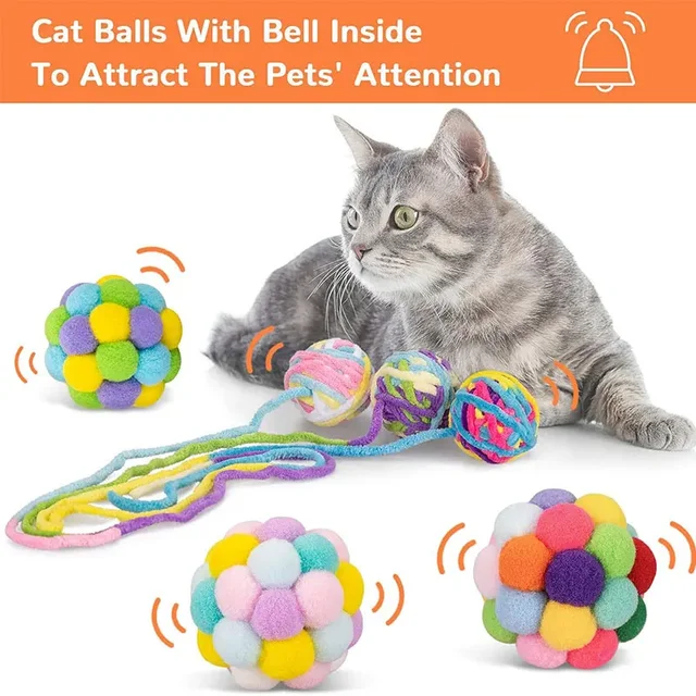 Cat Toy Balls with Bell Colorful Soft Fuzzy Balls for Cats Interactive Playing Chewing Toys for Indoor Cats and Kittens 4
