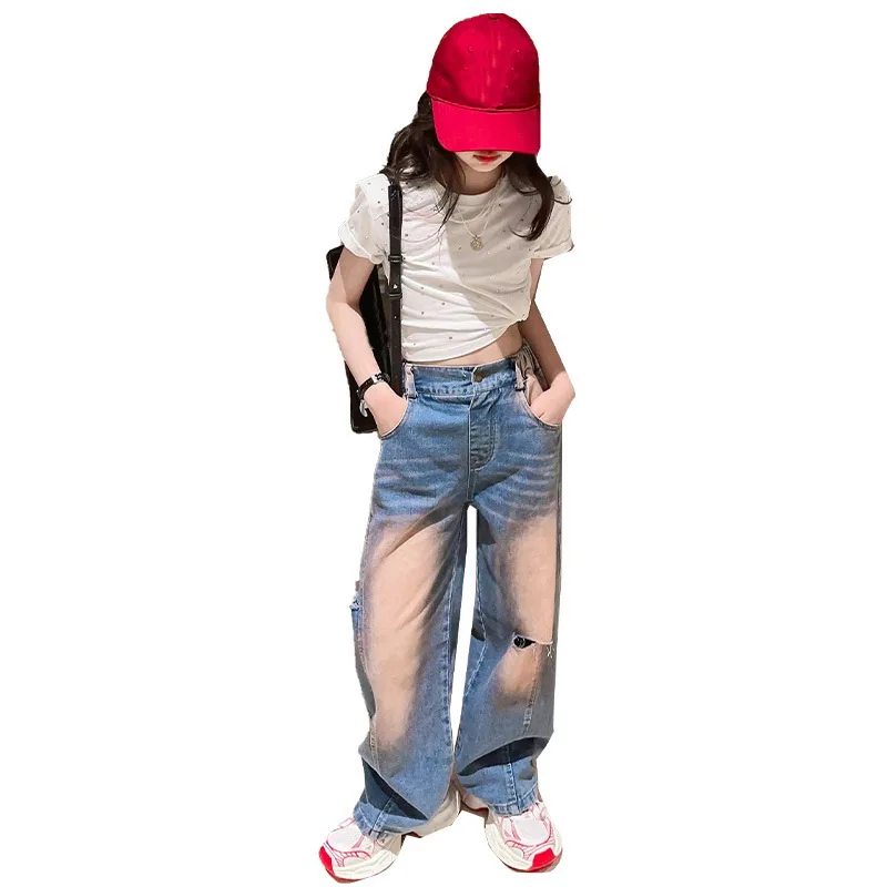 

Kids Girls Summer Clothing Set Fashion Outfits Children High Quality Bright Diamond Tshirt & Hole Jeans Pants Suit Teenage Girls