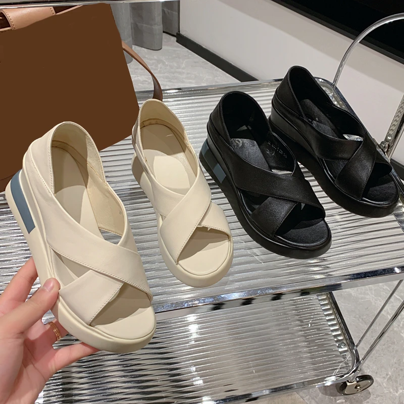 Lucyever 2022 Summer Wedges Sandals for Women Cross Strap Thick Bottom Casual Shoes Woman Open Toe Pu Leather Sandalias Female