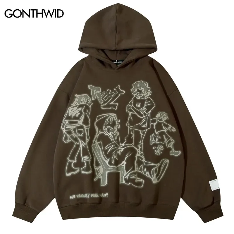 

Hip Hop Brown Hoodie Sweatshirts Y2K Streetwear Japanese Anime Cartoon Print Hooded Harajuku Fashion Men Loose Pullover Hoodies