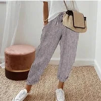 Pantalon d'été transfrontalier européen et américain pour femmes, nouvelle mode, ample, imprimé à rayures, taille élastique, cordon de serrage, pantalons décontractés 2