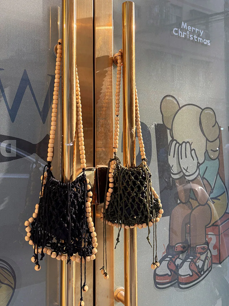 Fashion Nylon Rope Woven Handmade Handbag Hollow Out Fishnet Casual Bag Small Bell Shoulder Underarm Bag Female Mobile Phone Bag