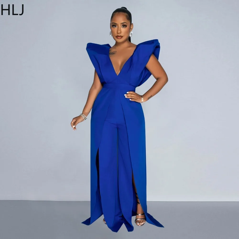 HLJ Fashion Ruffles Deep V Backless Wide Leg Pants Jumpsuits Women Sleeveless Ruched Slit Playsuits Casual Solid Clothes Overall