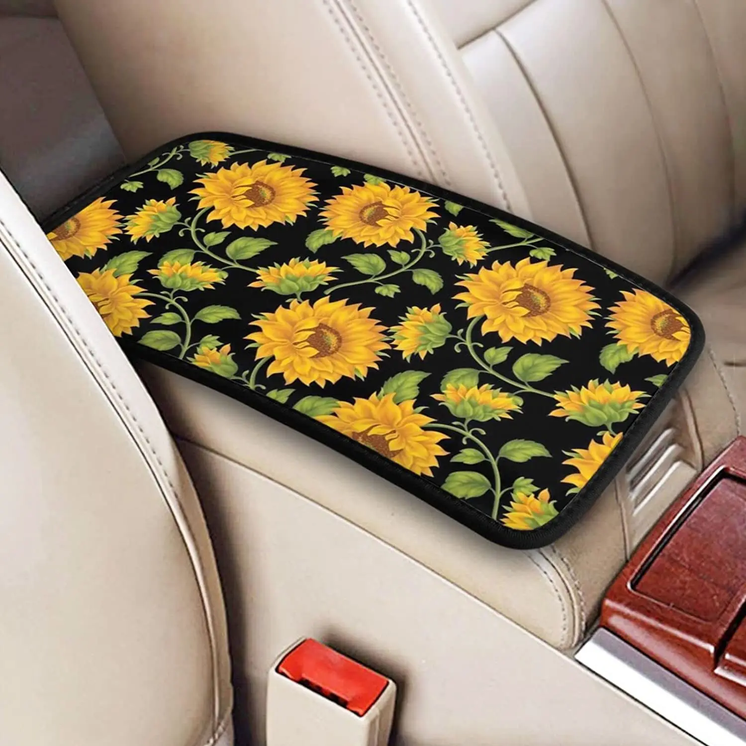 

Aneyhoz Sunflower Car Center Console Cover for Women Black Soft Non-Slip Car Armrest Cover Protector Universal SUV Truck, One Si
