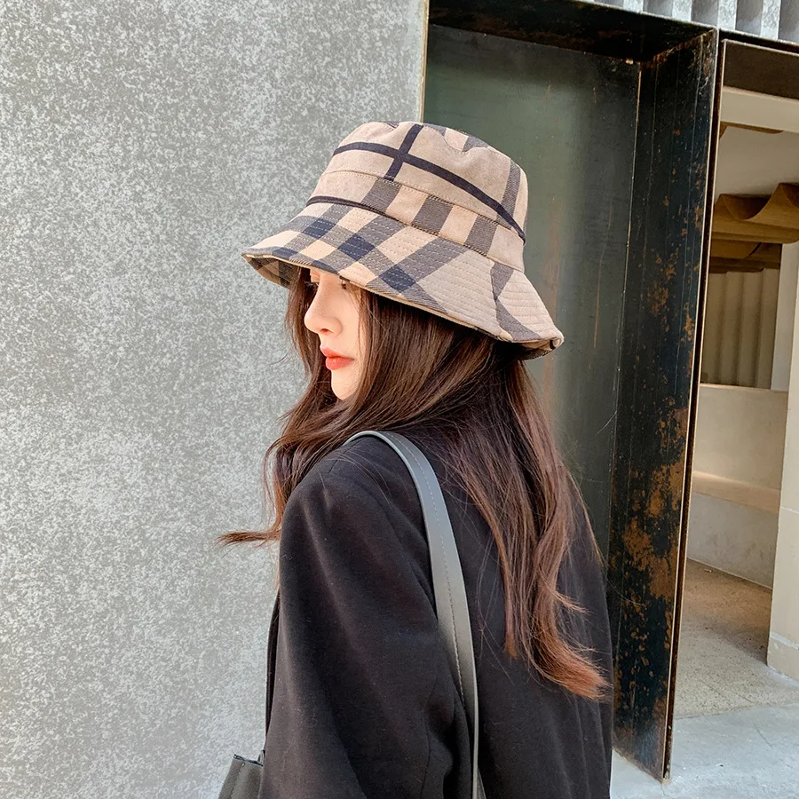 Women Sun Hat Fishing Sun Hat Plaid Colourful Fisherman's Hat Women Korean Suede Basin Hat Casual Foldable Warm Fashionable Soft 56-58cm
