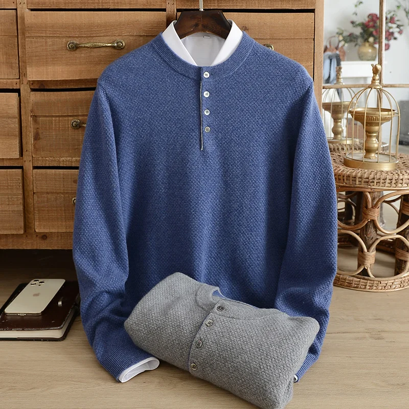 Pure cashmere sweater men's winter thickened solid color round neck jacquard sweater pullover button knitted pullover casual