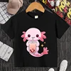 Cute Axolotl Drink Boba Tea Funny Kids T Shirt Girls Summer Tops Boys Clothes Cartoon Kawaii Tops Children Short Sleeve T-shirt 1