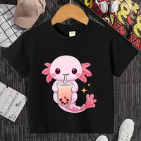 Cute Axolotl Drink Boba Tea Funny Kids T Shirt Girls Summer Tops Boys Clothes Cartoon Kawaii Tops Children Short Sleeve T-shirt 1