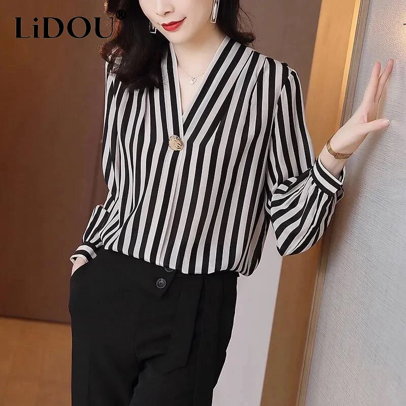 

Spring Summer Oversized Casual Fashion Top Striped Print Button Shirt Women Long Sleeve Pullover Chiffon Blouse Female Clothes
