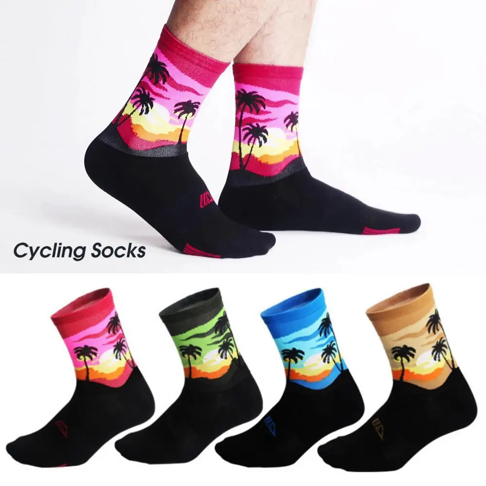 

1 Pair Trendy Cycling Socks Coconut Tree Pattern Bike Socks Moisture Absorption Universal Unisex Bicycle Socks for Riding