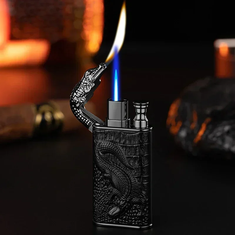 3D Embossed Dragon Crocodile Dual Fire Metal Windproof Jet Fire Open Flame Convertible Gas Lighter Smoking Men Gift gas lighter