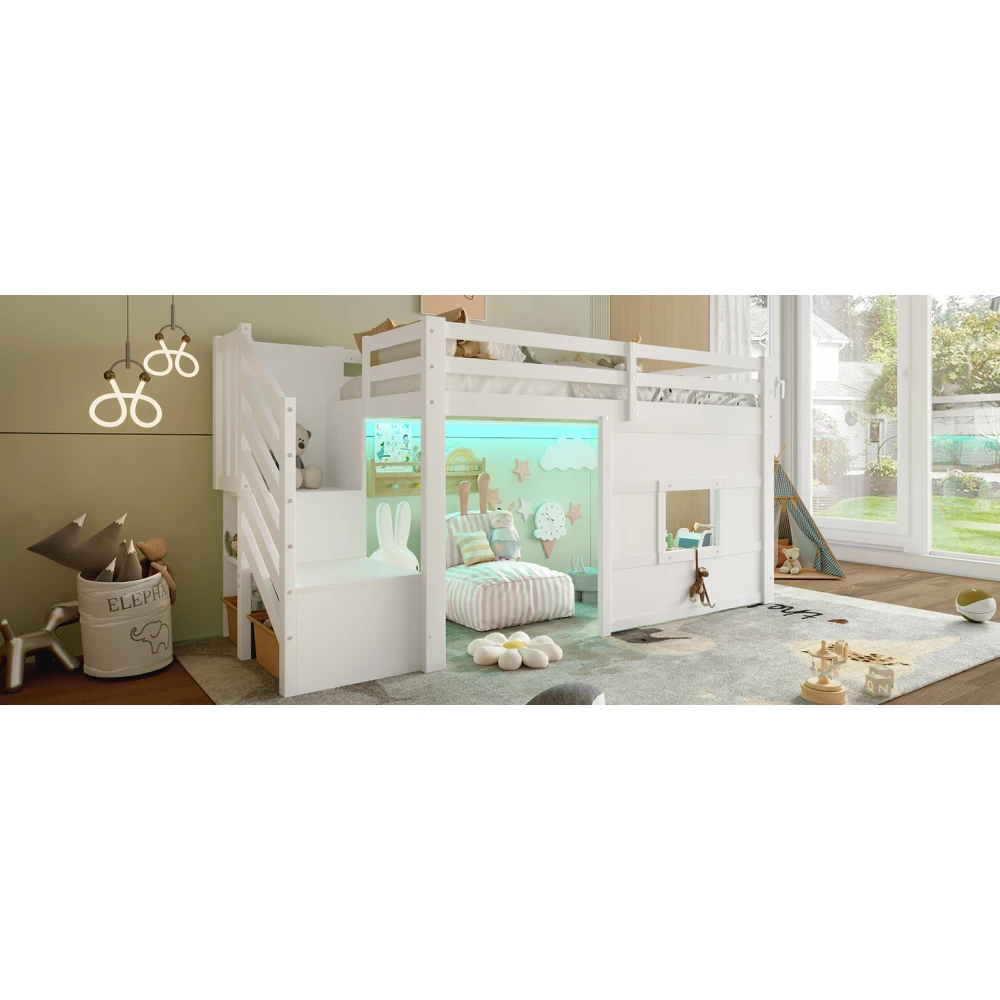 Weißes Hochbett 90x200cm mit Stauraum, Treppe & Fenster | Robustes Multifunktionales Hochbett | Ideal für Zuhause, Studentenwohnheim und Apartment – Detail 15