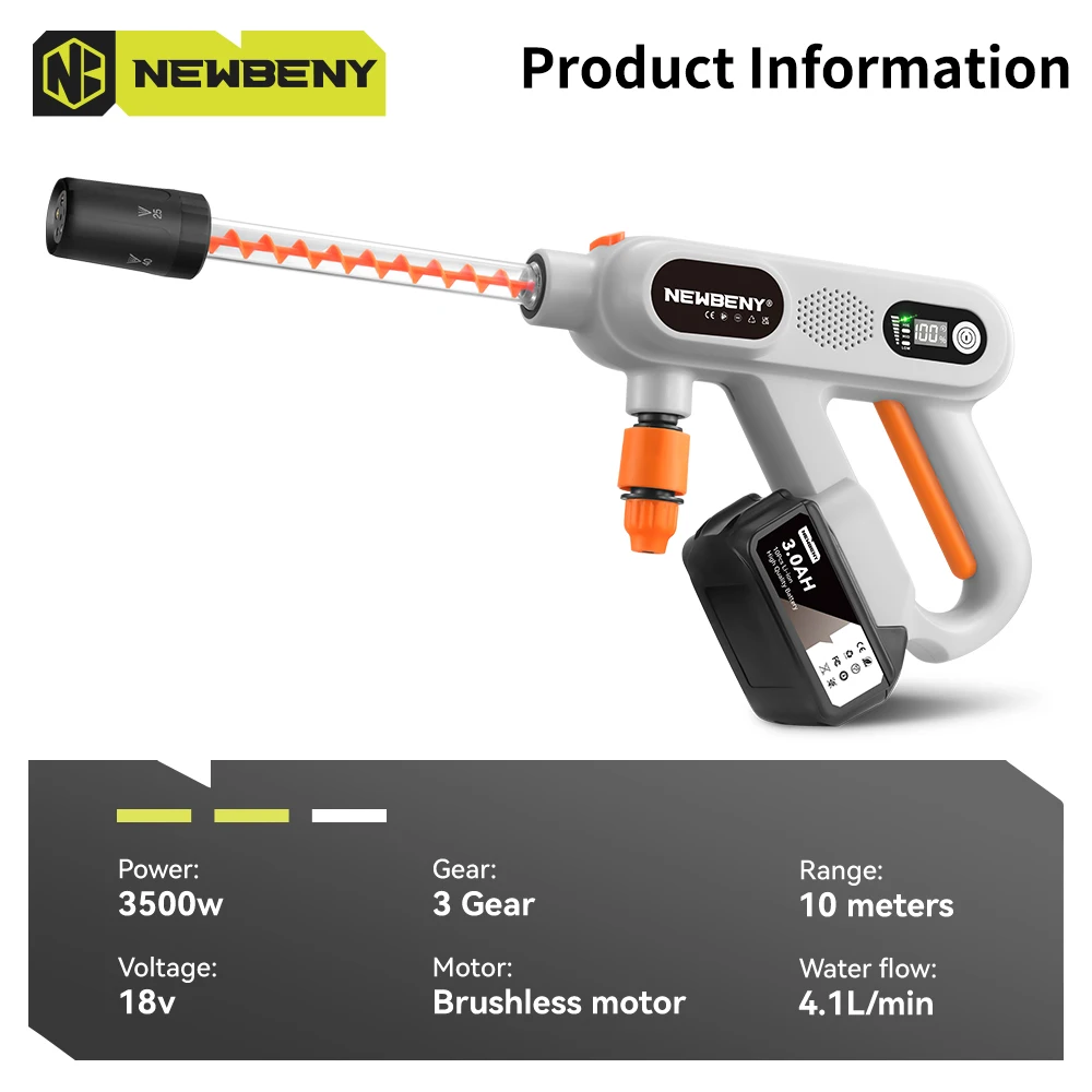 NEWBENY 250Bar High Pressure Brushless Car Washer 3 Gears Cordless Garden Car Cleaning Spray Gun Tool For Makita 18V-21V Battery 2