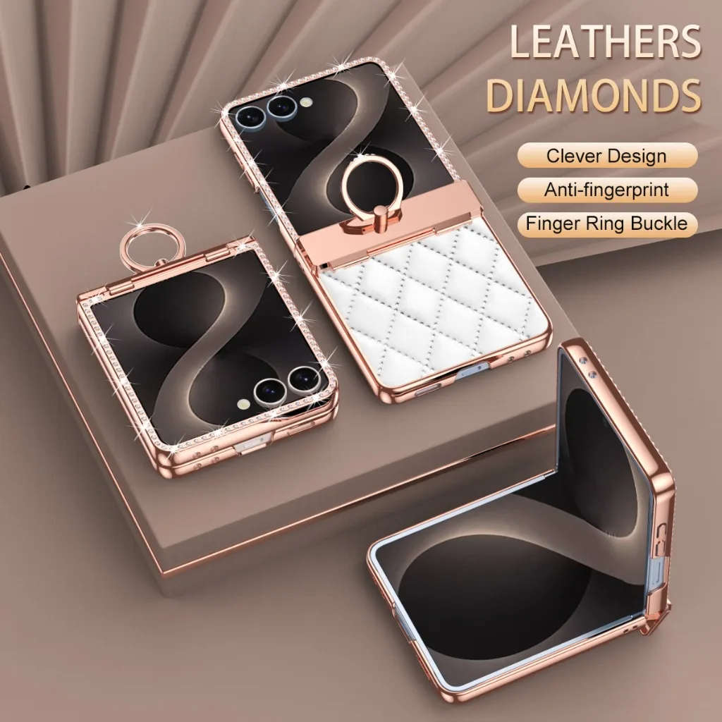 Luxury Bling PU Leather Phone Case with Hinge Ring Holder Stand and Electroplated Frame Cover
