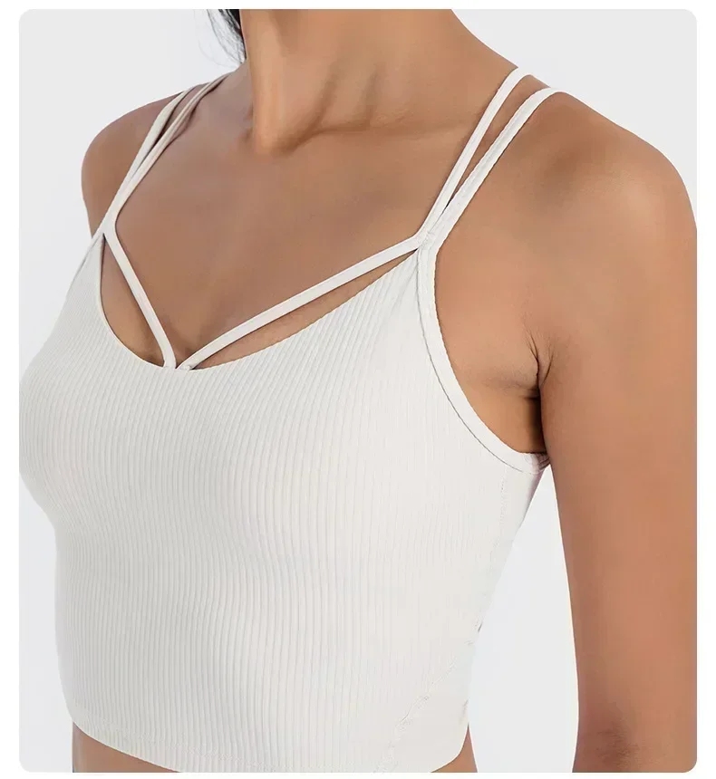 Women Align Strappy Ribbed Tank Ribbed yoga Sports Vest With Chest Pad Sexy Thin Belt High Elastic Tight Sports Sling Bra