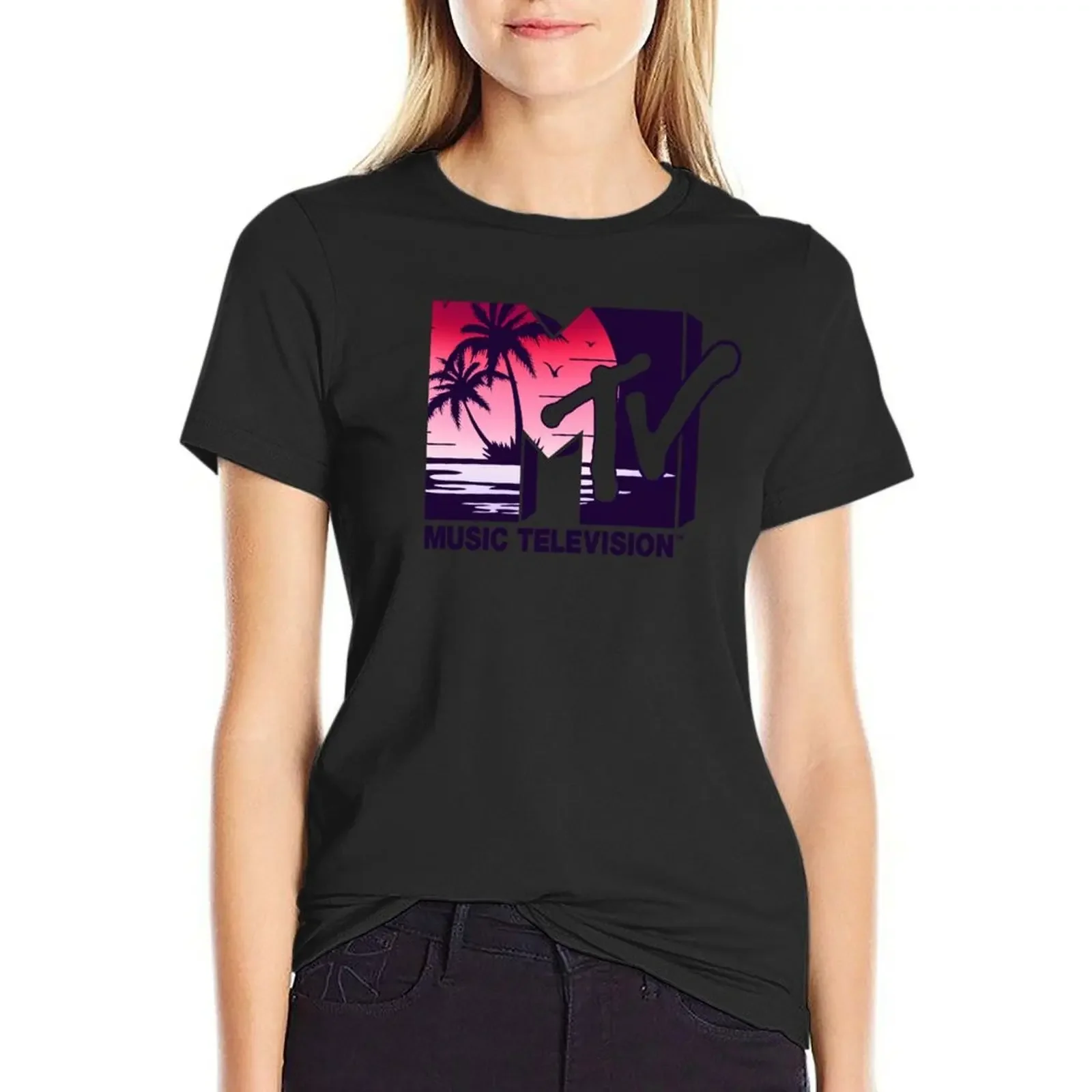 

MTV Music Television Sunset Beach Logo Fill T-shirt hippie clothes animal print shirt for girls Woman clothing