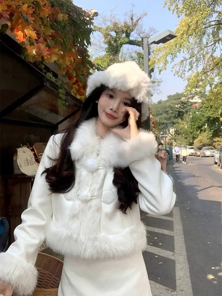 

UNXX French Heiress Petite Fragrance Quality Set Women's Autumn Winter Furry Trim Short Jacket Straight Tube Skirt Two Piece Set