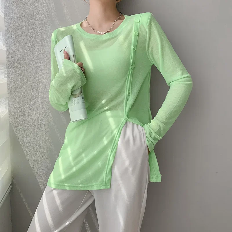 

New Summer Casual Sunscreen T-shirt Ladies Chic Irregular Slit Tops Women Fashion Single Breasted Long Sleeve Slim T-shirts Pop