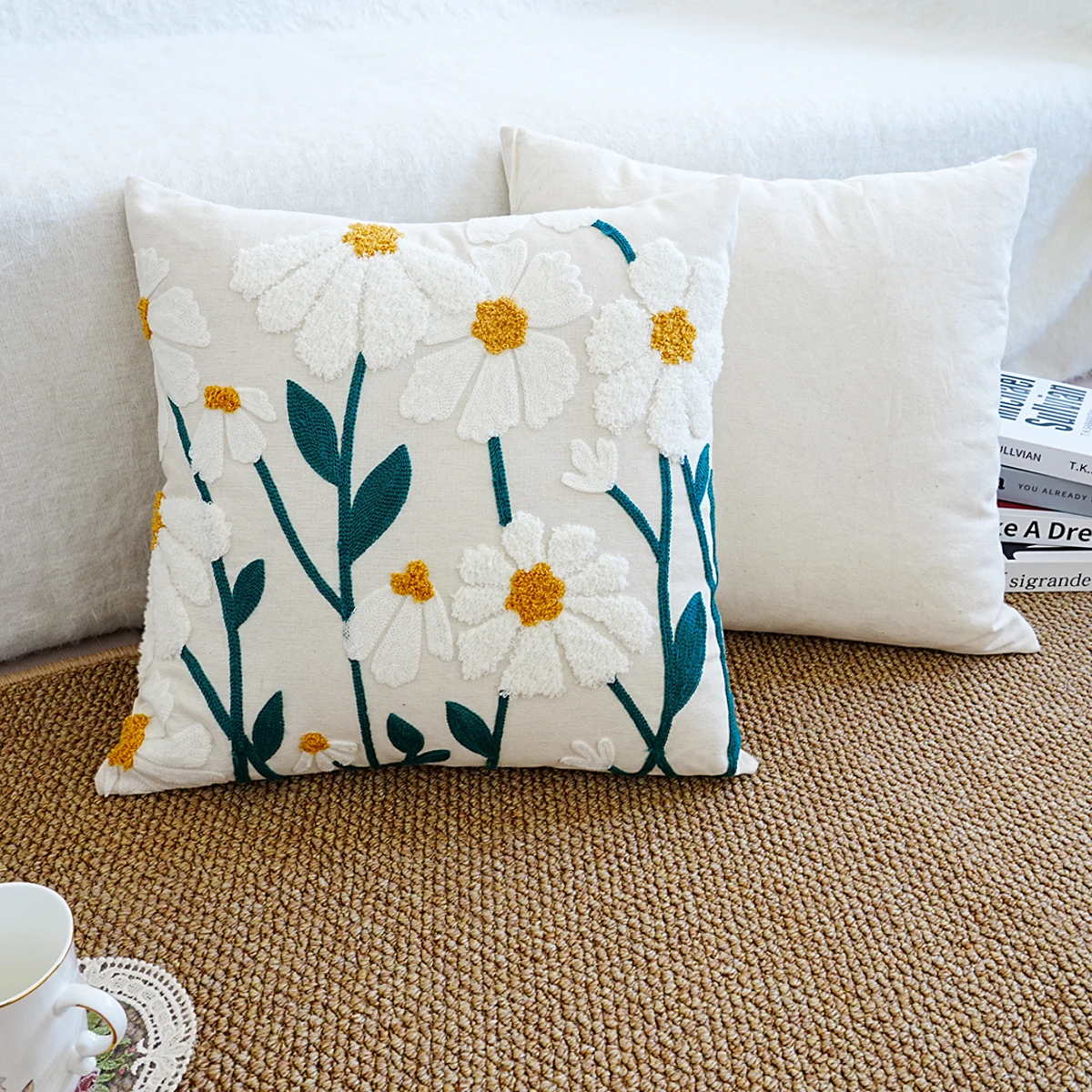Daisy Floral Embroidered Throw Pillow Cover Cushion Pillow Case 1pc For Sofa Living Room Home Decor