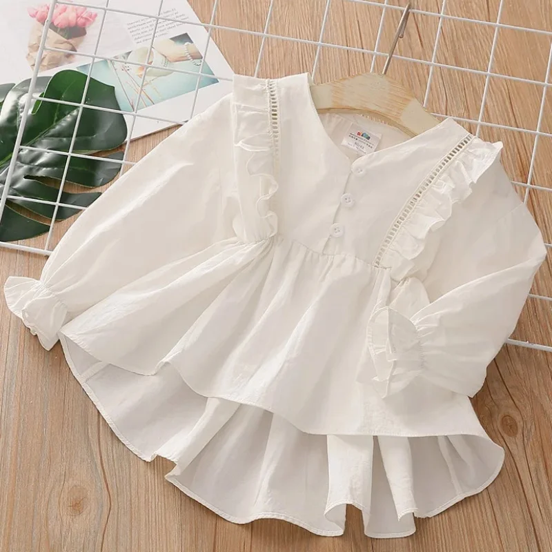 Spring Autumn Fashion 2 3 4 5 6 8 10 Years Kids Cute Long Trumpet Sleeve V-Neck Cotton White Blouse Shirt For Baby Girls