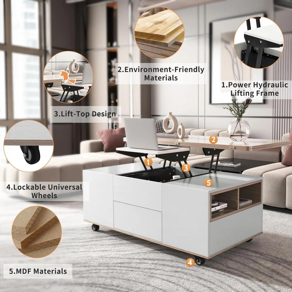 Lift Top Coffee Table with Extendable Tabletop and Storage 3 Drawers, Cabinet 5
