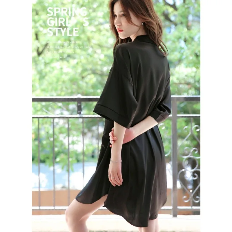 Nightdress Women Spring Summer Ice Silk Sexy Thin Sleepshirts White Shirt Internet Red Mid-length Artificial Silk Pajamas