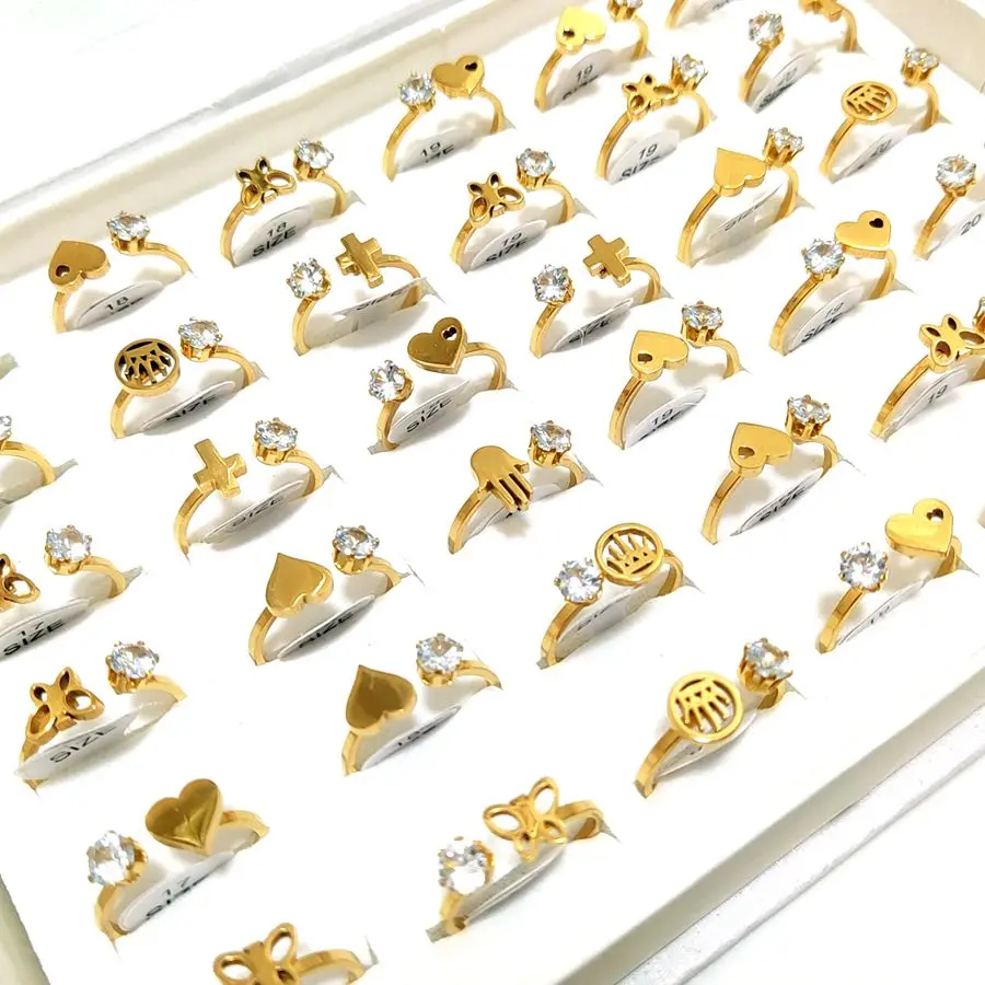 20 Stück Vergoldete Niedliche Gemischte Damen Edelstahl Zirkon Herz-Ringe Süßer Party-Schmuck Geschenk – Detail 4