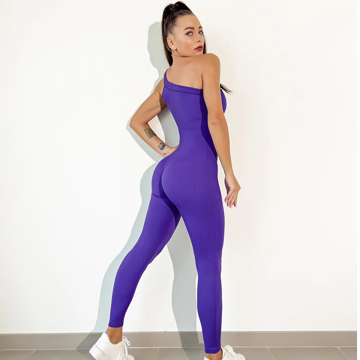 Women's Tracksuit One Shoulder Solid Yoga Jumpsuit One Piece Workout Sleeveless Rompers Sportswear Woman Gym Set Xiny3