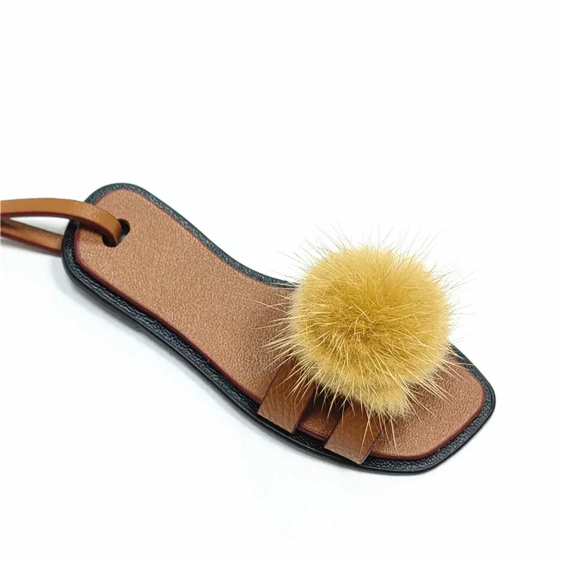 Bonbonfarbener Echter Nerzfell-Ball Taschenanhänger Mini Damen-Taschenanhänger 3D Pantoffel Leder-Anhänger Auto-Dekoration Hängende Verzierung – Detail 10