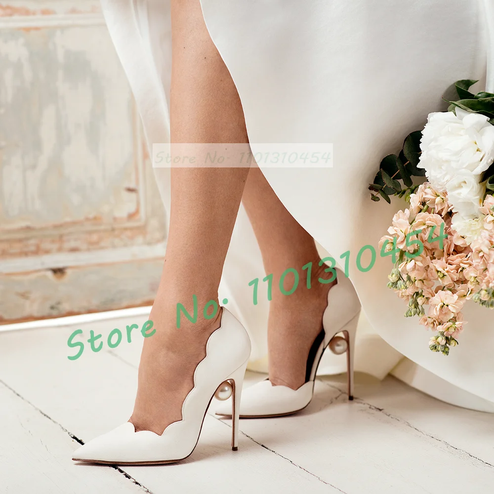 Scallop Edge Pearl Heels Pumps Women Pointy Feminine White Suede Shoes On Offer 2023 Elegant Ladies Dreamy Summer Wedding Pumps