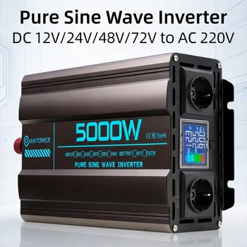 Inverter a Onda Sinusoidale Pura 12V/24V/48V/72V 220V 3000W/4000W/5000W Convertitore di Tensione DC-AC per Auto e Solare con Caricabatterie
