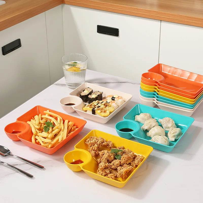 plastic plates Plastic Dumpling Plates with Sauce Compartment Square Serving Plates with Sauce Holder Serving Platter Tray For Party Chips