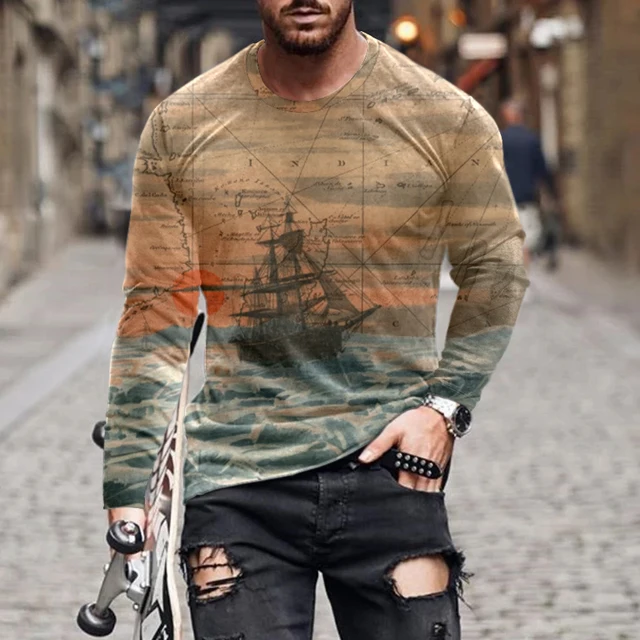 Vintage 3d Printed Long Sleeve Men's T-shirt Autumn New Style Personalized Street Casual Pullover Shirt Fashion Round Neck Shirt 3