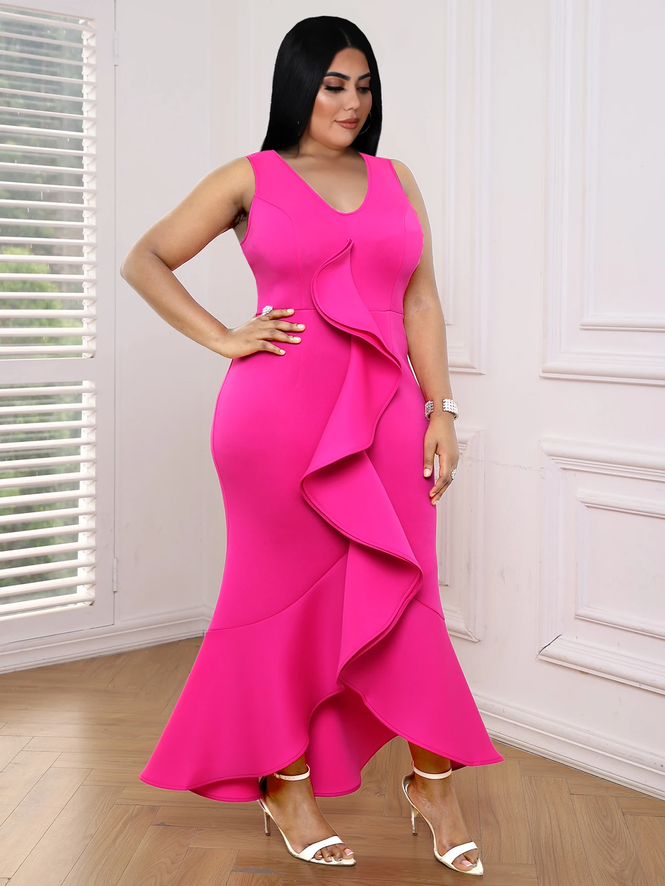 

Fuchsia V Neck Sundress for Women Ruffle Trumpet Ankle-Length Elegant Sleeveless Bodycon Lady Evening Party Club Plus Size Dress